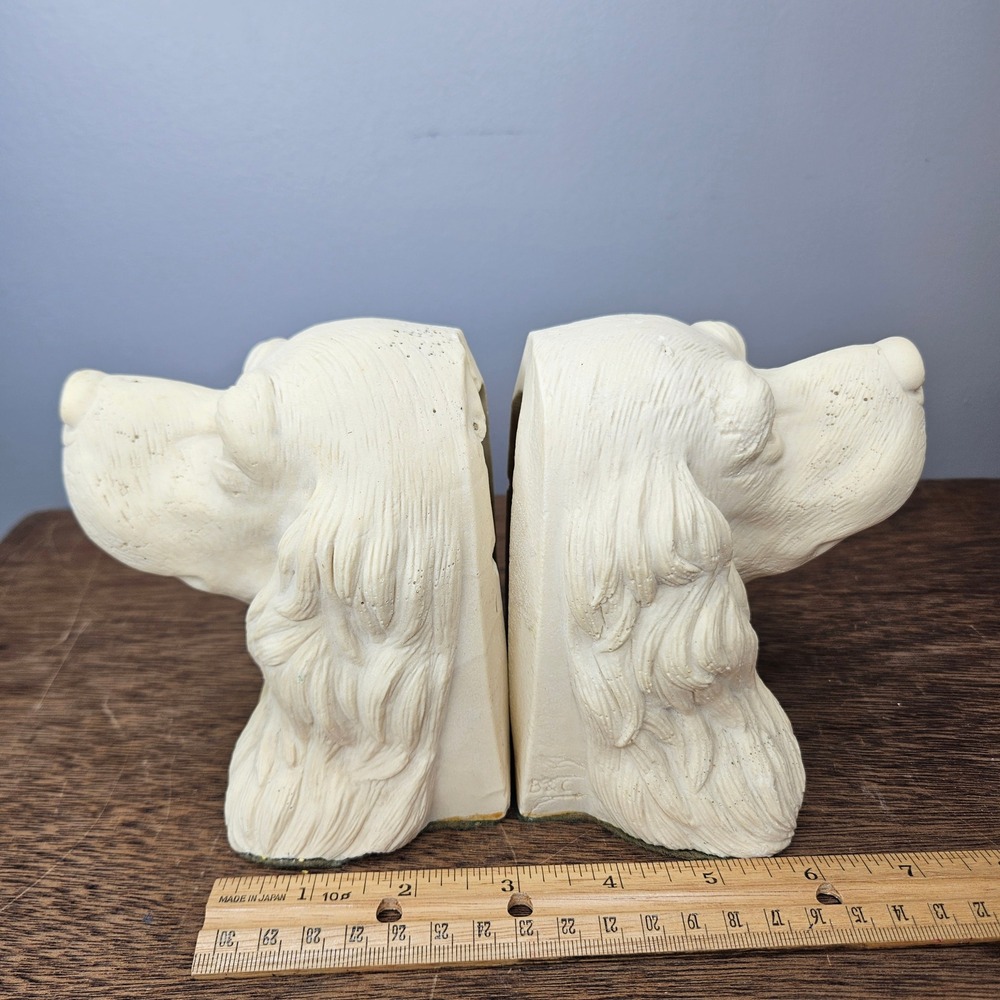 Vintage B&C Spaniel Dog‎ Head Bookends Set Off White Chalkware Plaster Figures